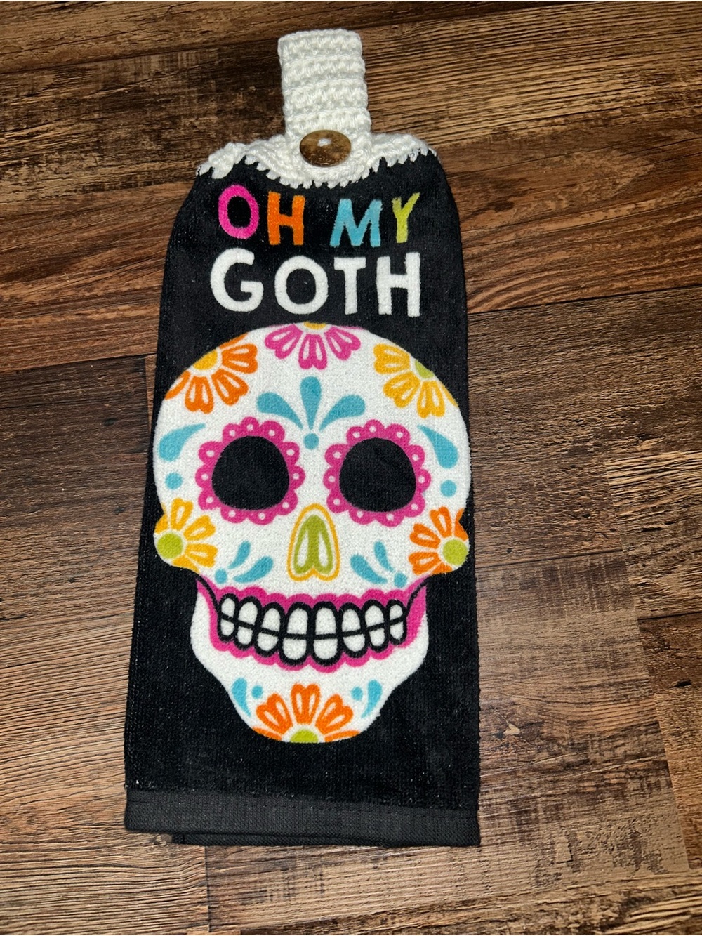 Oh My Goth Black Sugar Skull Halloween Hanging Kitchen Towel